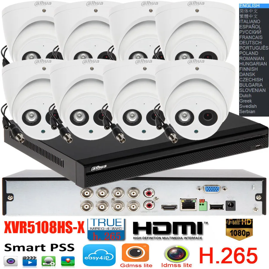 Mutil language CCTV камера Встроенный микрофон HAC-HDW1200EMP-A купольная камера 8CH XVR5108HS-X комплект камер в маскирирующем колпаке HDD с проводом 20 м