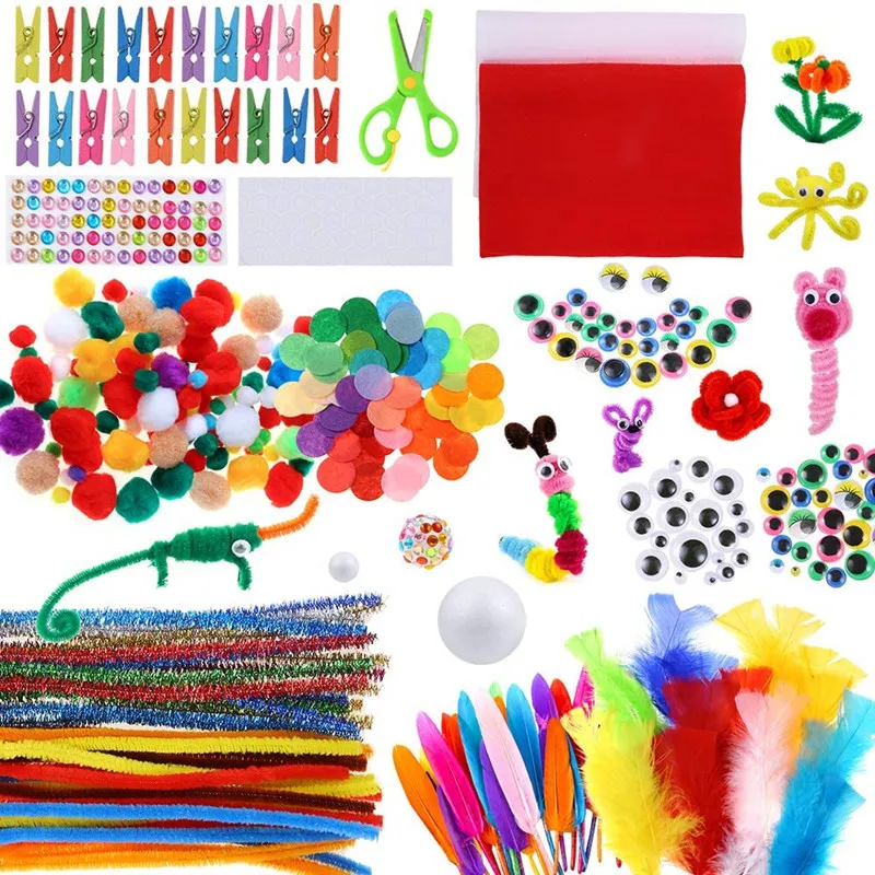 1000Pcs DIY Art Craft Kit for Kids Creative Pompoms Pipe Cleaners Feather  Foam Flowers Letters Crystal Sticker Felt Wiggle Googly Eyes Sequins Button  Colorful Wooden Sticks Paper Art Supplies 