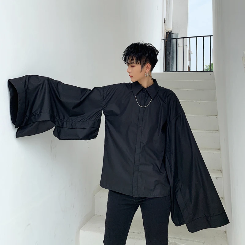Men Wide Long Sleeve Black White Shirt 