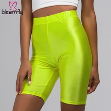 Летние шорты с высокой талией, женские повседневные однотонные байкерские шорты, уличная одежда для фитнеса, блестящие черные велосипедные сексуальные обтягивающие шорты, Femme