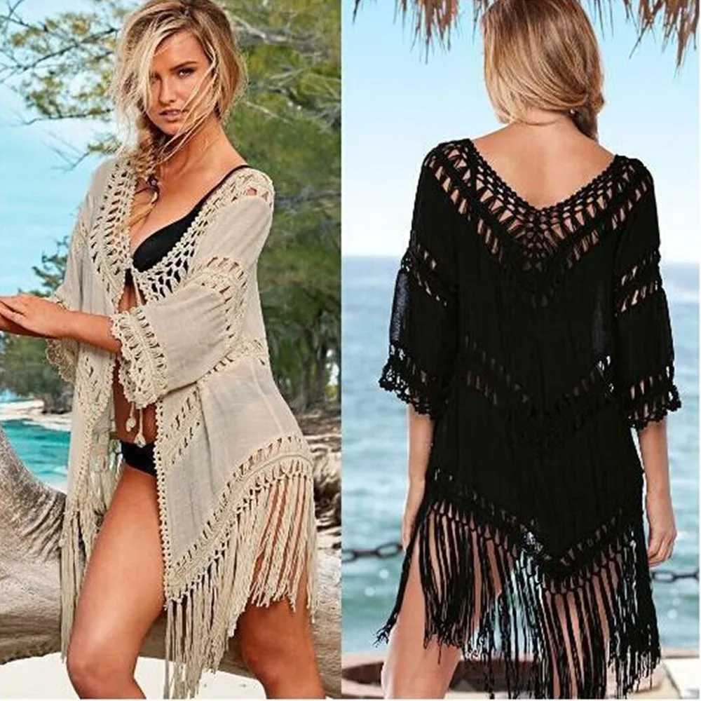 Belleziva Cover UpHand Hook Stitching бахромой сплошной цвет вязаный ажурный солнцезащитное бикини блузка
