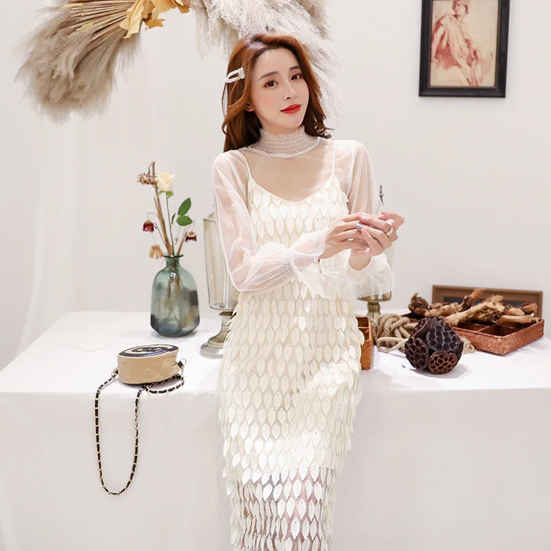 

2019 Spring Clothing Korean-style New Style WOMEN'S Dress Mid-length Fairy Strapped Dress Sequin Hollow out Gauze Short Jacket T