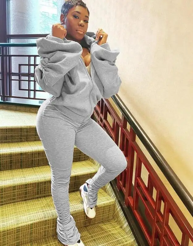 

European Women's Clothing Factory Direct Sales Pleated Split Pants Puff Sleeve Open Back Hooded Sports Two-piece Suit