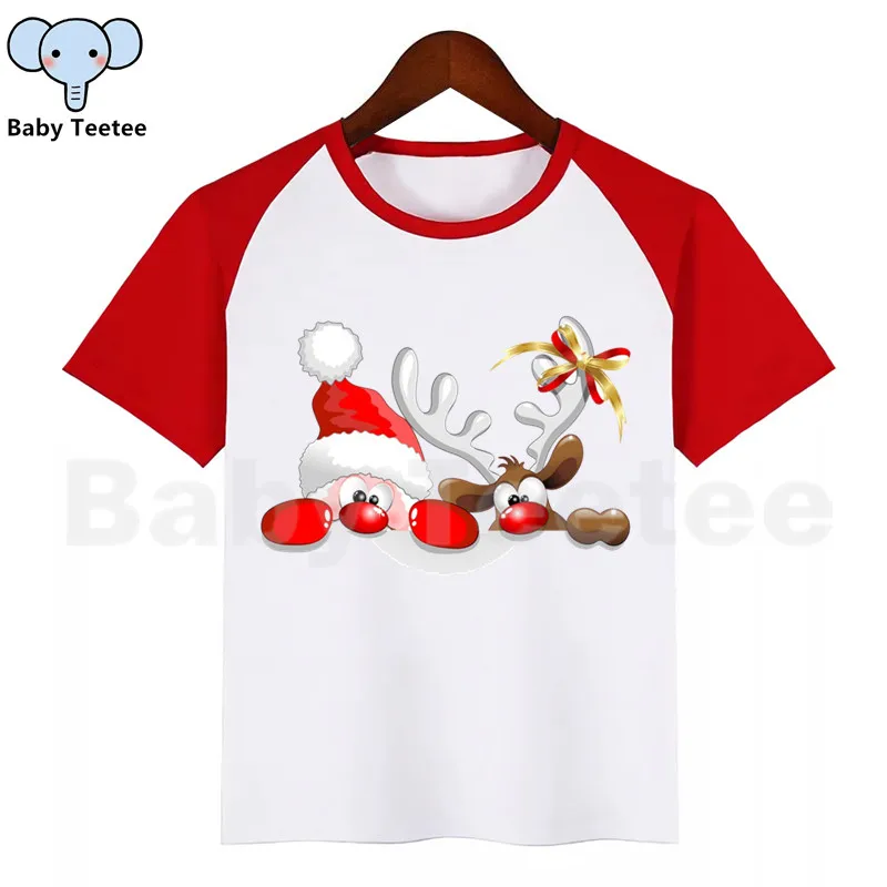 Детская футболка с рисунком Санта-Клауса и оленя; веселые детские топы; детская футболка с короткими рукавами; одежда для малышей