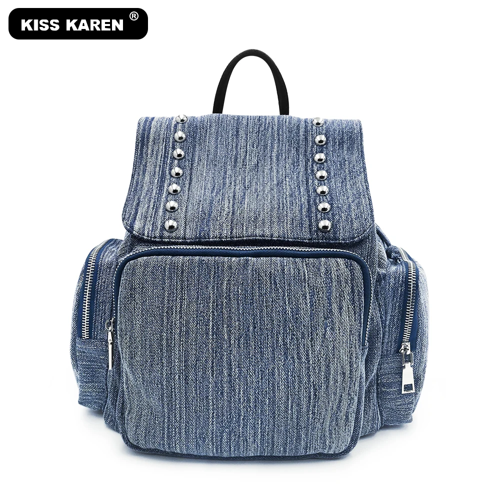 Denim-wash blue Брендовые новые модные женские рюкзаки, Джинсовый Рюкзак, стильный опрятный школьный рюкзак с шипами, дорожные рюкзаки с застежкой-шнурком - Цвет: Denim-wash blue