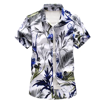 

Hawaiian Shirt Men Plus Size Flower Print Short Sleeve Shirts Hawaiian beach style Slim Top Tide New White Grey