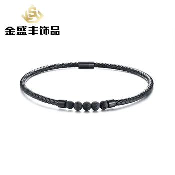 

Jewelry fine steel magnet buckle volcanic stone leather collar black necklace nc441