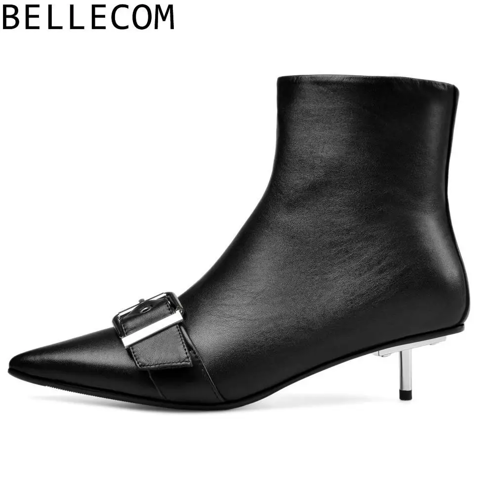 

BELLECOM 2019 Iron With Low With Sharp White Short Boots Belt Buckle Latest Fashion Woman Boots Will Code Women's Shoes 43