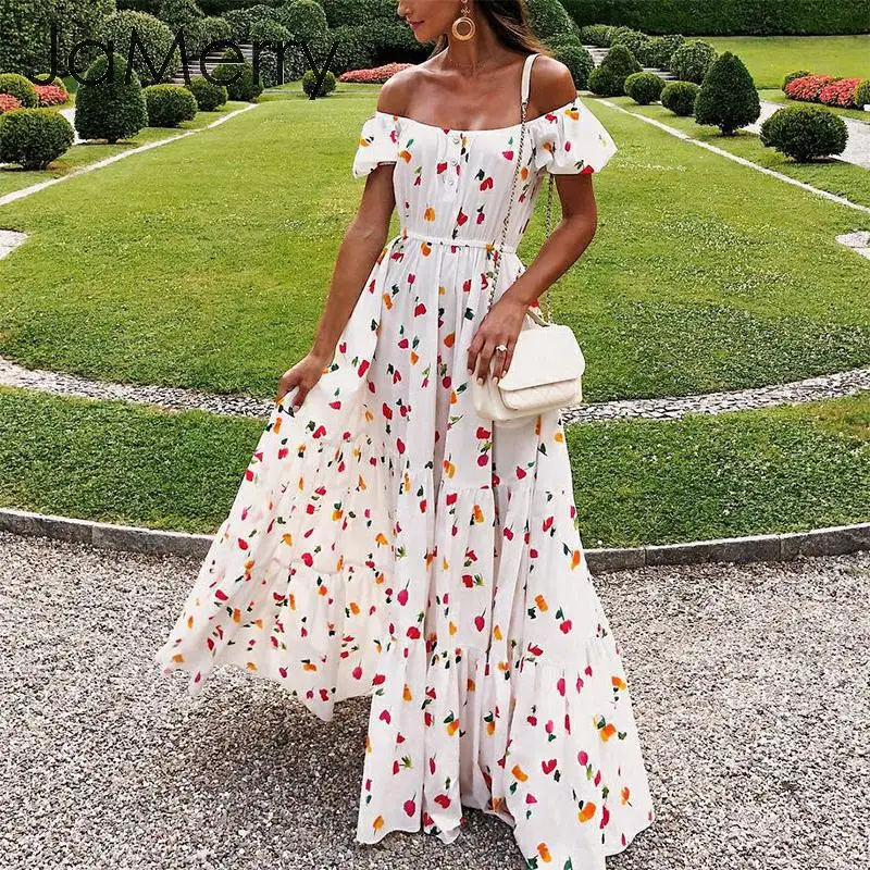 JaMerry с открытыми плечами цветочным принтом длинное платье для женщин эластичная