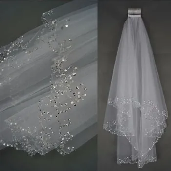 

Sequined Bride Veil Elegant Luxurious Elbow Beaded Edge Pearl Sequins Wedding Bridal Veil With Comb