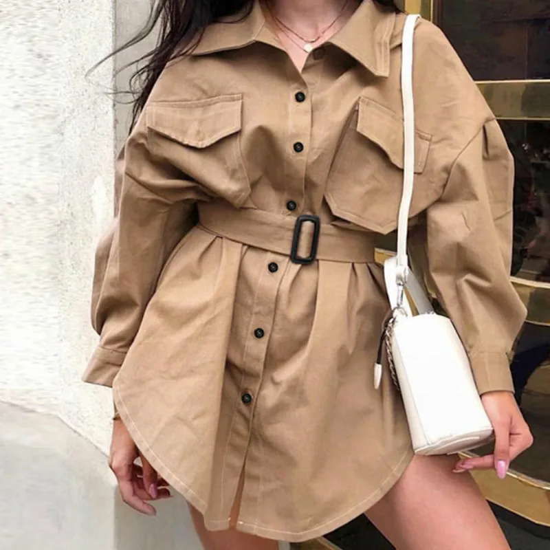 

Single Buttons Ladies Elegant Lace-up Fitted Waist Retro Long Trench Jackets Sashes Khaki Coat Slim Femme Shirt Trench PL762G