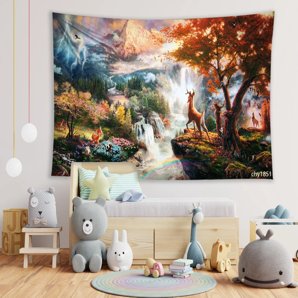 LEVOO Vibrant Nature Autumn Landscape Animal Fairy Tale Deer Waterfall Wonderland Tapestry Wall Hanging Anime | Дом и сад