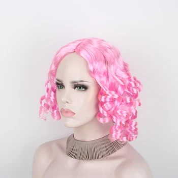 

Anxin Wavy Curly Pink Lady Wig Short Hair Sexy High Temperature Silk Synthetic Wig 2020 New Daily Outing Wear Wig