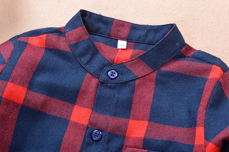Spring And Autumn New Style Stand Collar Children Plaid Shirt Long Sleeve Pure Cotton Brushed Baby Casual Fashion Shirt