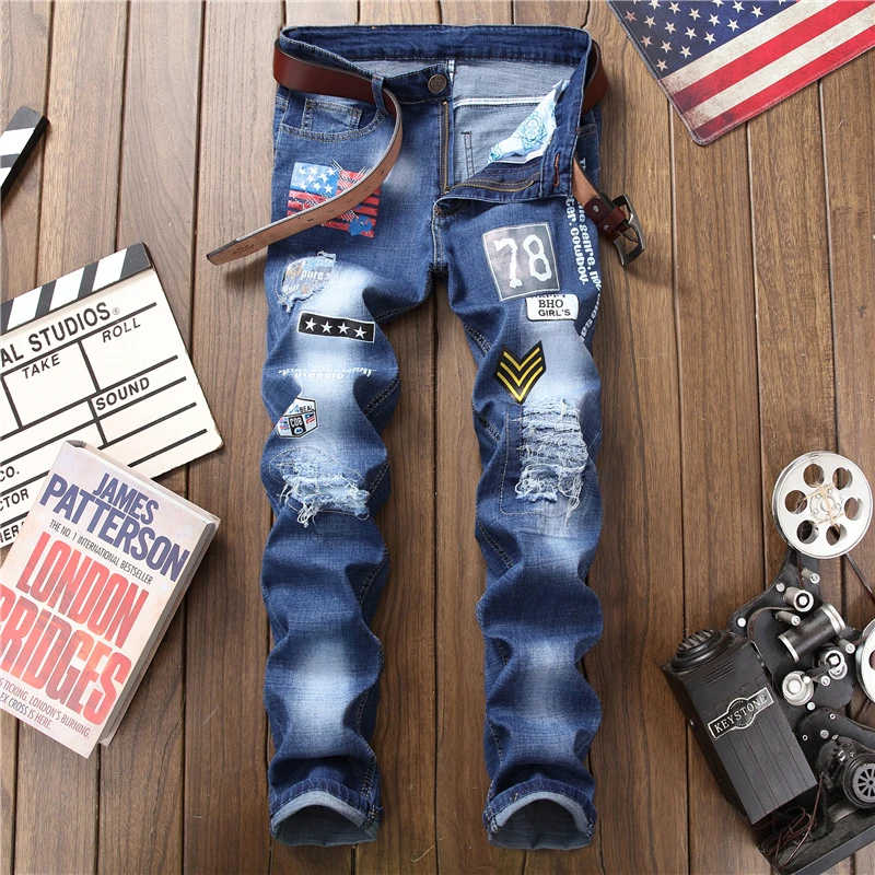 Male hole badge embroidery style denim trousers pants Fashion New Men's Casual Slim Patch Jeans Dropshipping