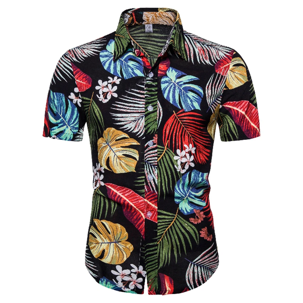

Summer Short Sleeve Hawaiian Shirt Men Palm Tree Print Casual Slim Turn-down Collar Shirts Beach Holiday Floral Tops D30