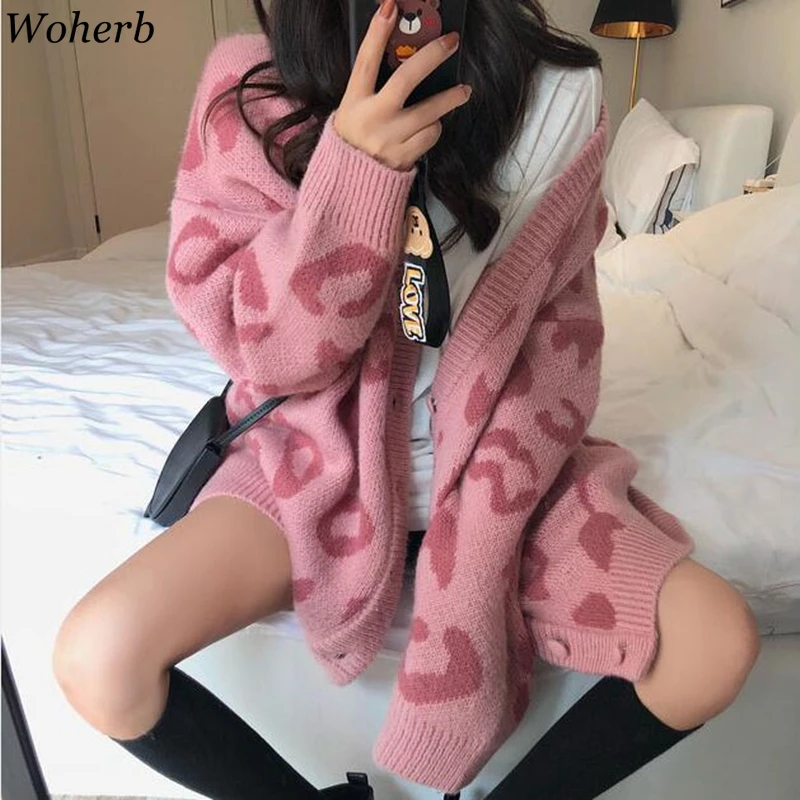 Woherb/Корейский модный женский свитер с v-образным вырезом и длинным рукавом, леопардовый кардиган, пальто, повседневные свободные винтажные вязаные топы, трикотаж 90844