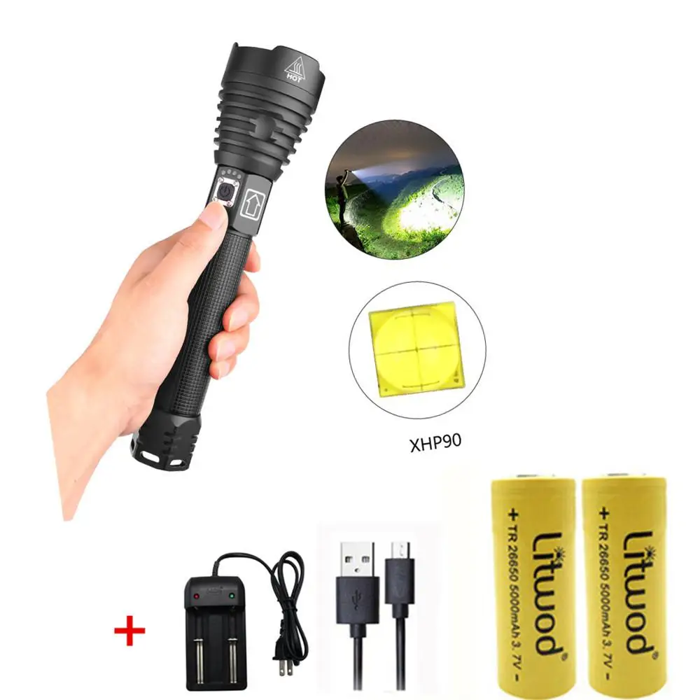 

DishyKooker XHP90 LED 3 Modes Dimming Flashlight High Brightness USB Charging Torch with 2 Batteries Charger