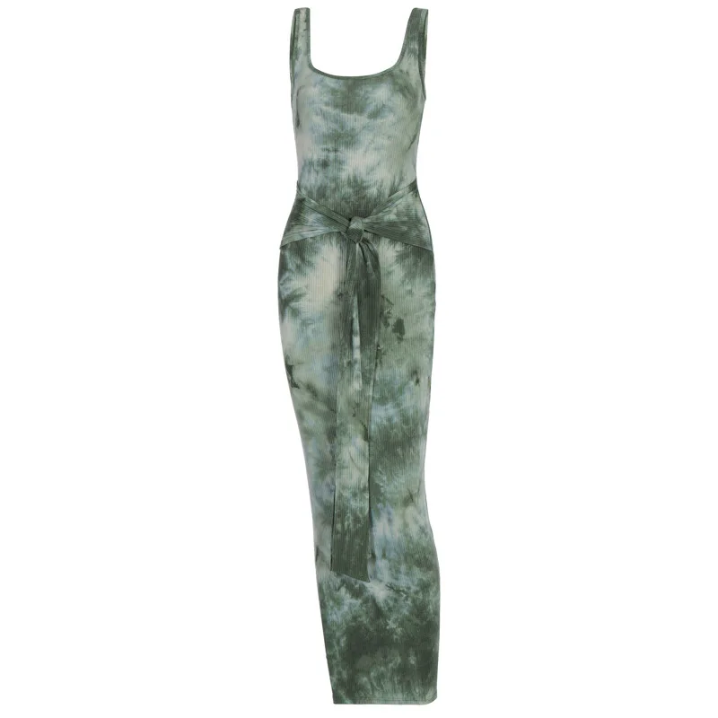 Simenual Tie Dye Bandage Ribbed Bodycon Maxi Dresses Women Sleeveless Knitted Fashion 2020 Summer Clubwear Skinny Party Dress