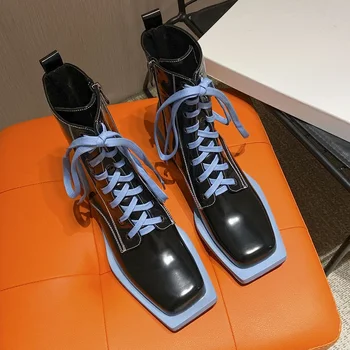 

New Fashion Women Boots Autumn Winter Square Toe Zipper Genuine Cow Leather Shoes Woman Dress Party High Heels Short Boots 34-39