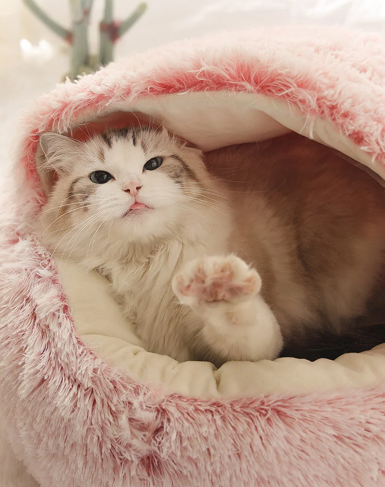 Winter Cat Bed Long Plush Pet Cat Cushion Warm Sleep Bag Bed Round Half-Pack Cat Basket Lounger Nest For Small Medium Large Dog