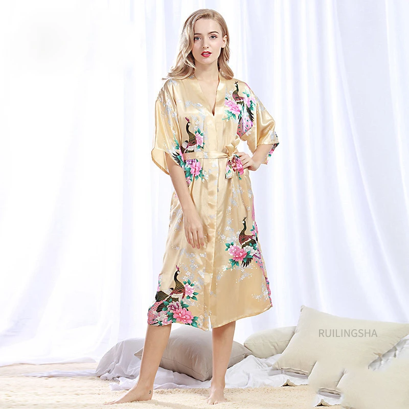 Summer Sexy Satin Bathrobe Plus Size Kimono Dressing Gown For Women Floral Print Homewear Female Long Bath Robe Kimono Robe|Nightgowns & Sleepshirts| - AliExpress