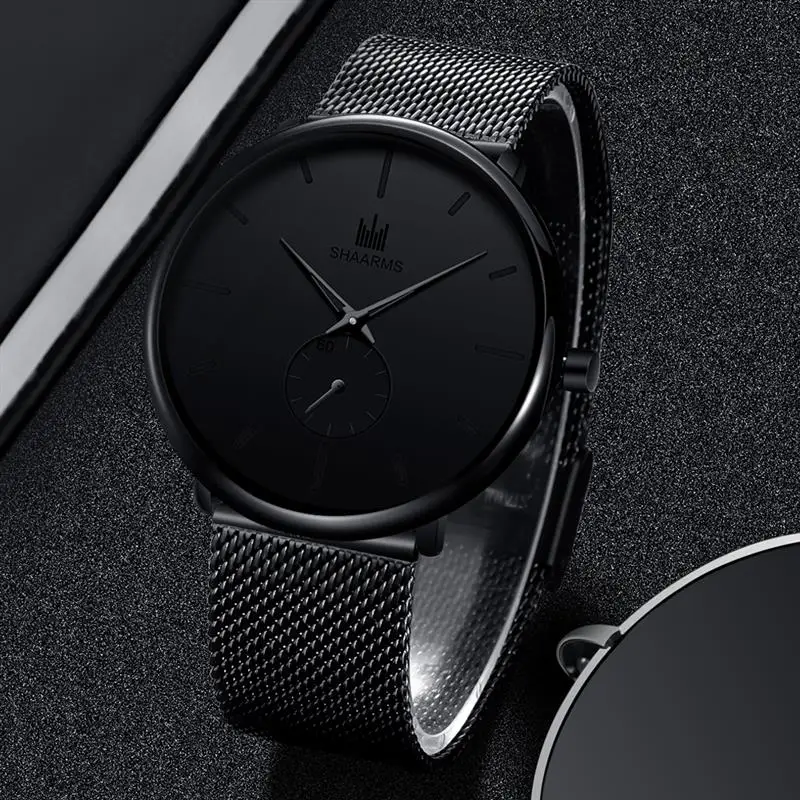 SHAARMS мужские черные часы с сетчатым ремешком, минимализм, аналоговые кварцевые часы, роскошные деловые наручные часы из нержавеющей стали