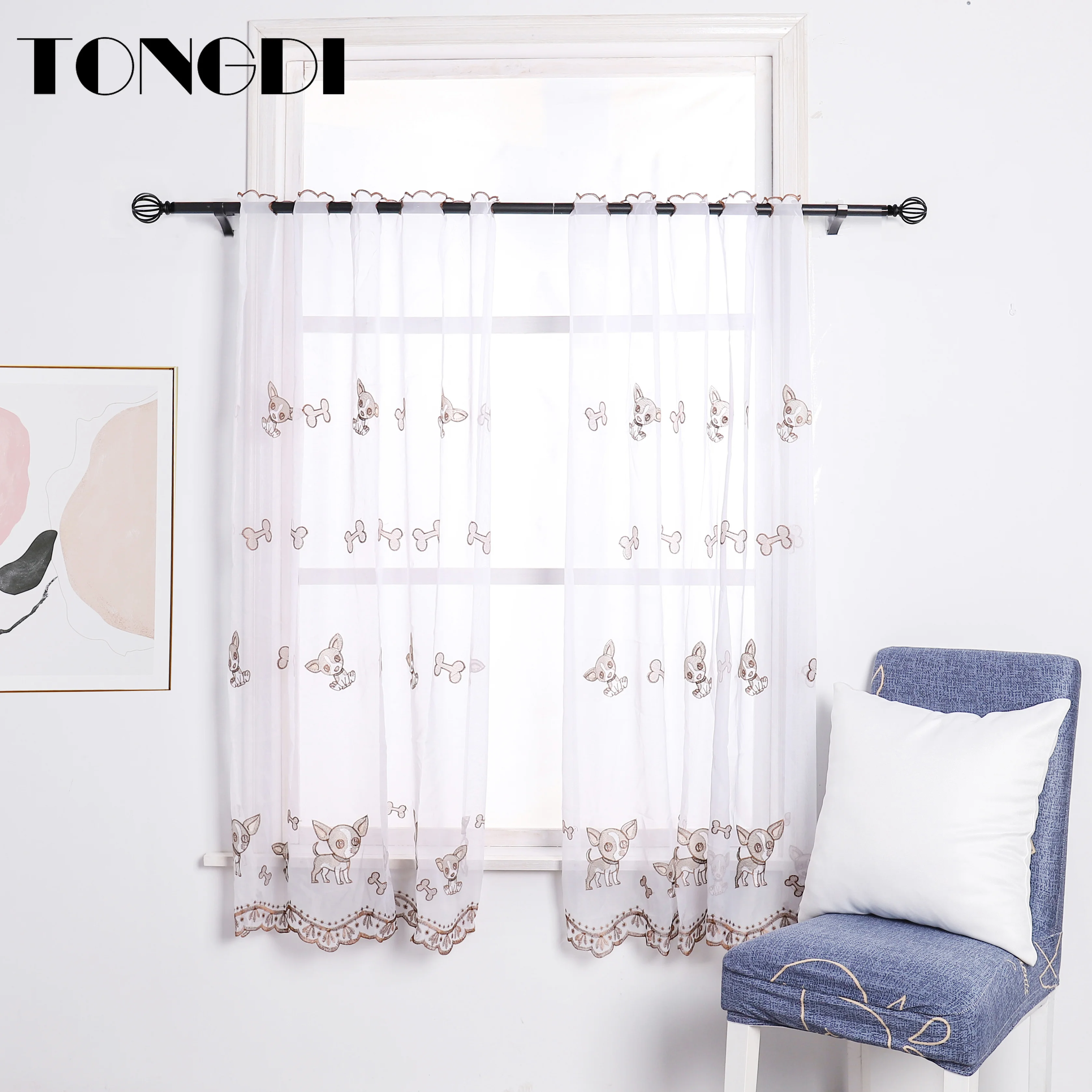 

TONGDI Home Kitchen Children Curtains Cartoon Doggie Embroidery White Tulle Valance Decoration For Window Kitchen Dining Room