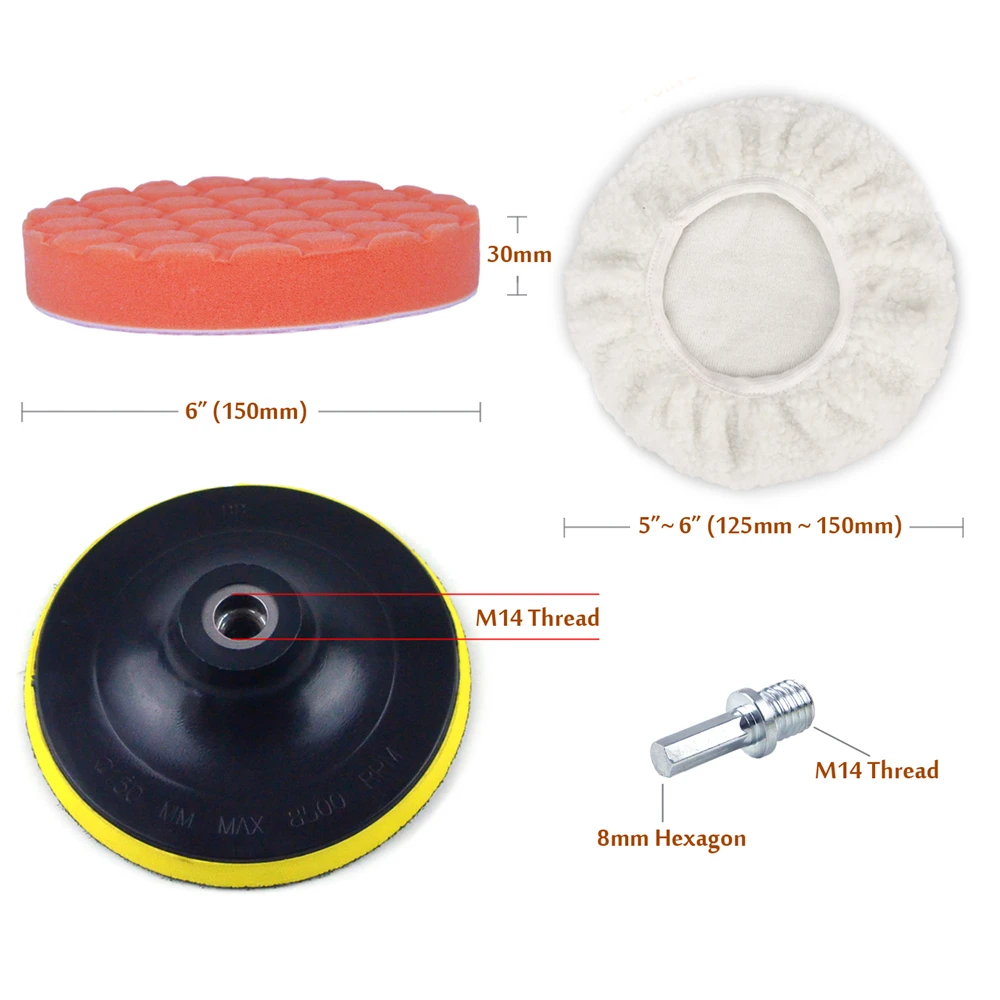 6 Inch Car Polishing Kit 11PCS/Set Buffing Sanding Sponge Pads and Wool Bonnet Pads + 8mm M14 Drill Adapter for Electric Drill 6 Inch Car Polishing Kit 11PCS/Set Buffing Sanding Sponge Pads and Wool Bonnet Pads + 8mm M14 Drill Adapter for Electric Drill
