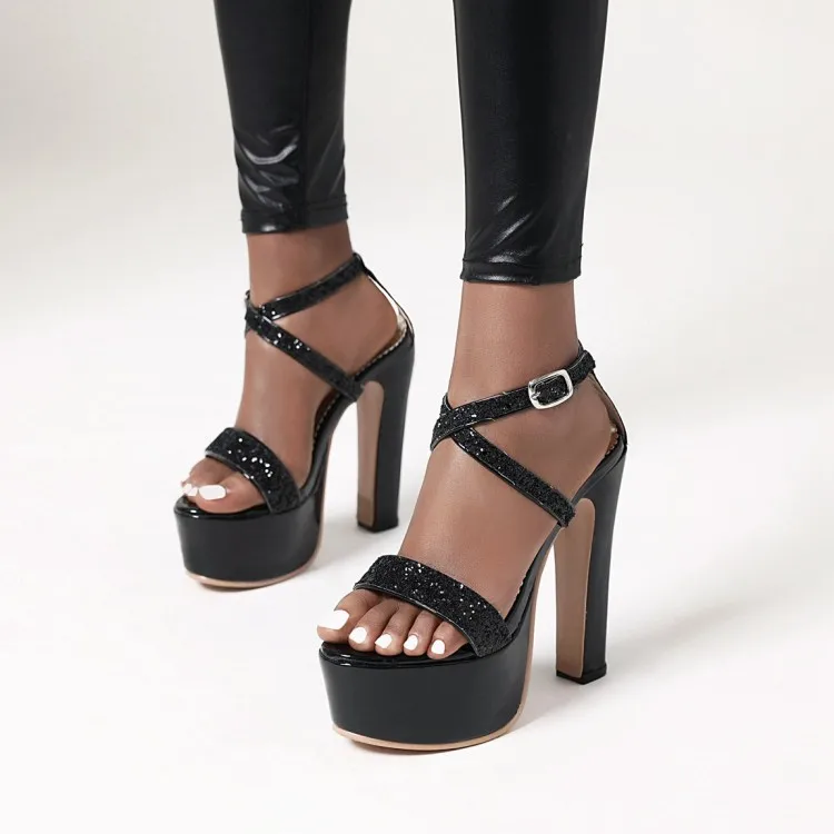 

Black word with flashing diamond thick waterproof platform thick heel women's high heels super high heel women's party shoes