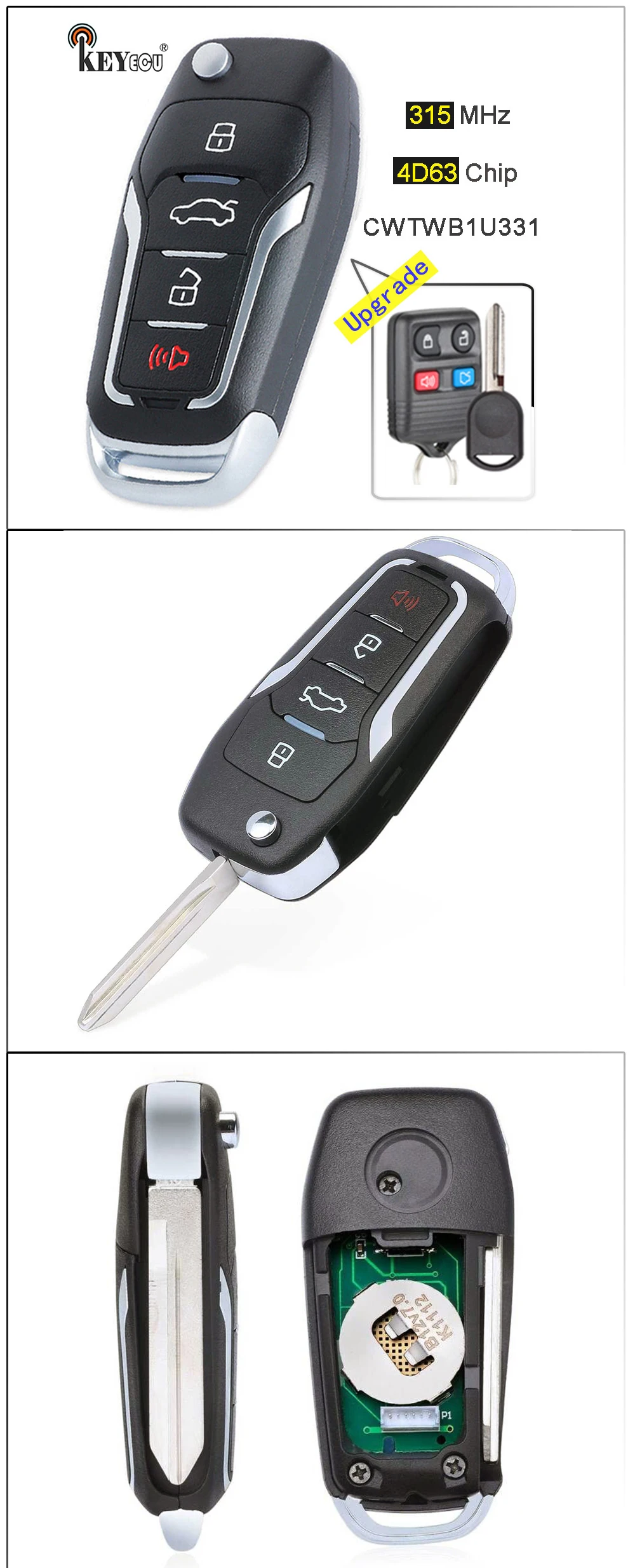 KEYECU 315 МГц CWTWB1U331 обновленный флип-пульт дистанционного ключа Fob 3+ 1 4 кнопки для Ford Explorer, для Lincoln Town Car LS, для Mercury Sable