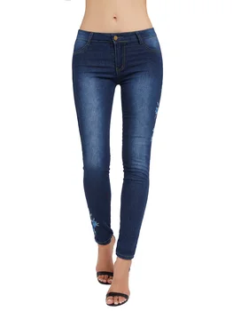 

FADZECO 2019 Women Stretch High Waist Skinny Embroidered Jeans Floral Print Denim Pants Trousers Women Pencil Pant