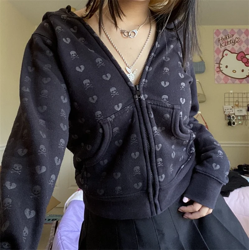 Women Loose Style Hooded Jacket Black Skull and Heart Printed Pattern