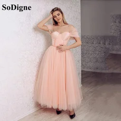 SoDigne Pink Prom Dresses Princess Pregnant Women Tulle Off The Shoulder Party Formal Dress Tea Length Evening Dress With Belt