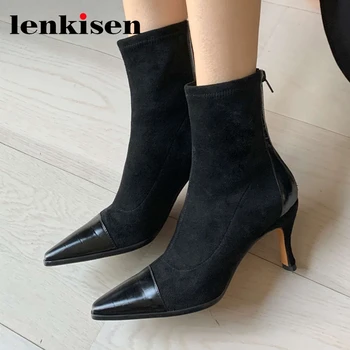 

Lenkisen 2020 plus size cow leather patchwork pointed toe high heel stretch boots mature lady elegant back zip ankle boots L93