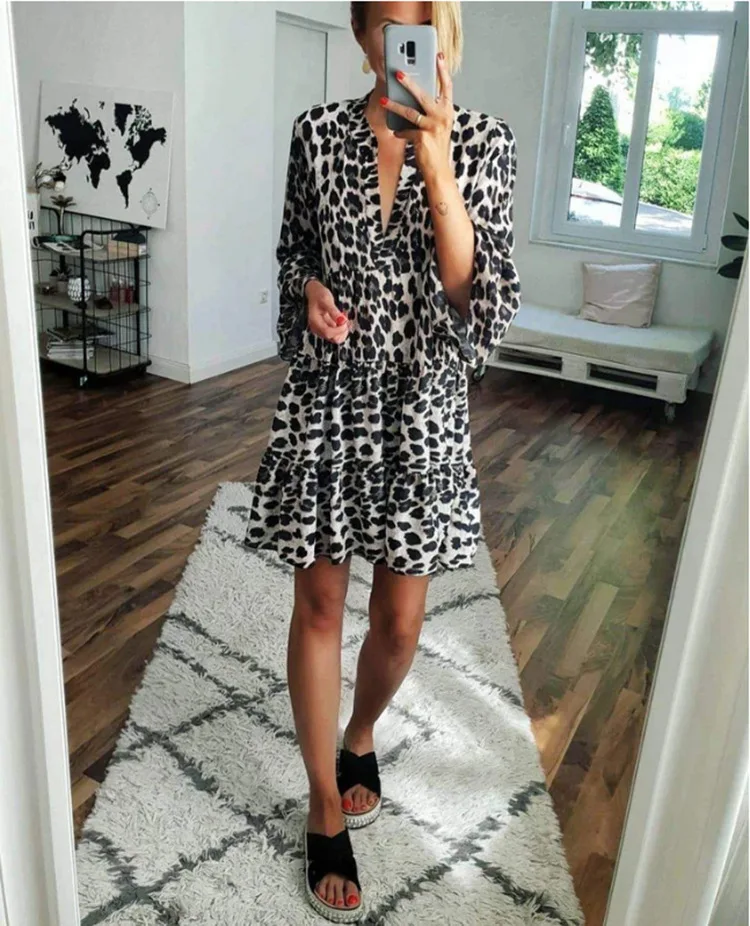 Big Size Ladies Dress Leopard Print High Waist V-neck Bell Sleeve Summer Beach Short Dresses Vestido Con Estampado De Para Mujer