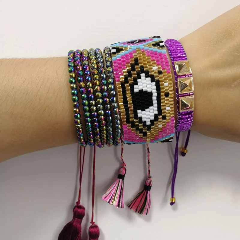 SHINUS BOHO модные браслеты с большими глазами бусины Miyuki Delica браслеты Joyeria Многослойные ювелирные изделия с кисточками и кристаллами