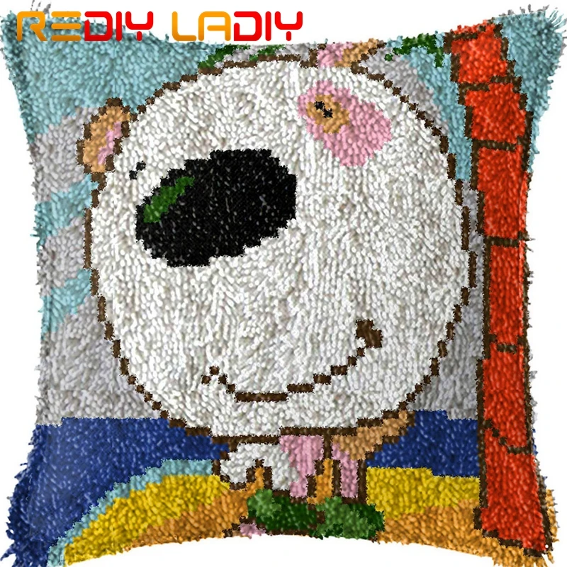 

Latch Hook Kit Make Your Own Cushion White Bear Happy Acrylic Yarn Crochet Pillow Case Printed Canvas Latch Hook Cushion Cover