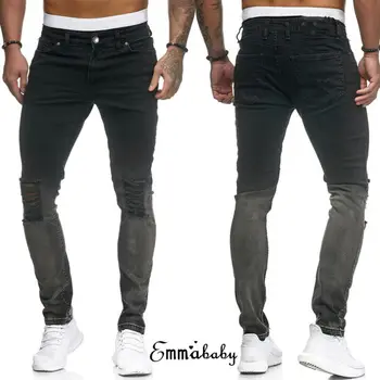 

Meihuida Fashion Men Solid Jeans Skinny Ripped Destroyed Stretch Slim Fit Long Pants Men Hop Hop Pants With Holes Men Punk Jeans