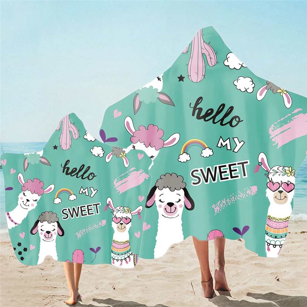 

New Parent-child Cute Cartoon Hooded Cloak Beach Towel Alpaca Printed Microfiber Kids Adult Swimming Changing Robe Bath Towels