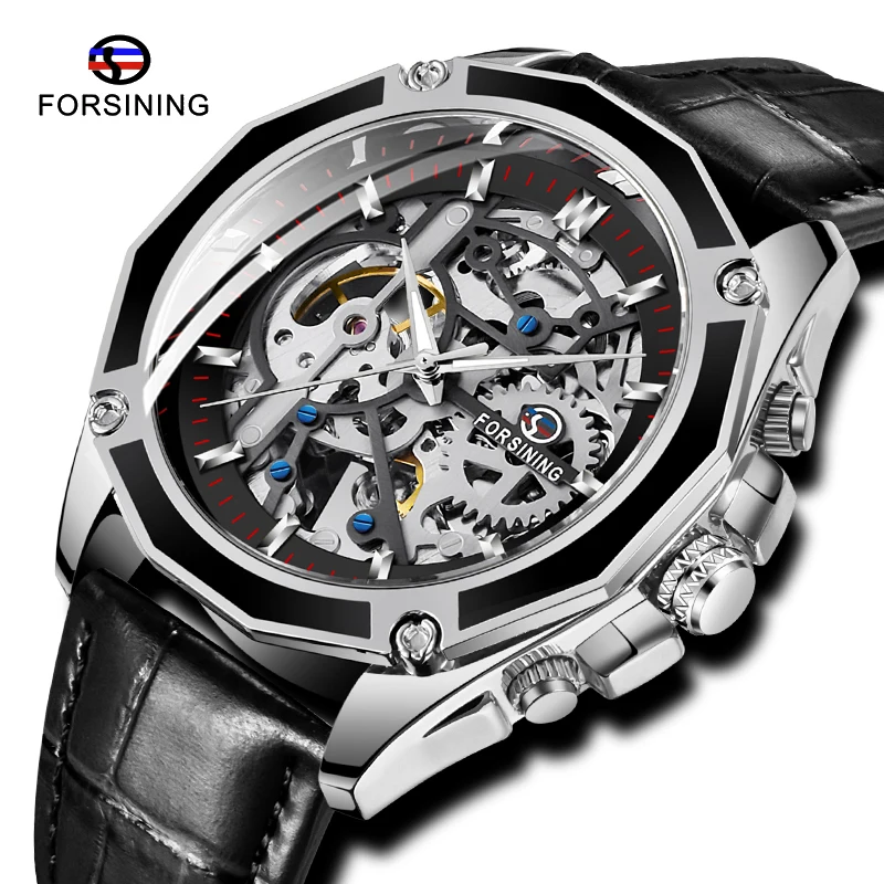 

Fashion Brand FORSINING Transparent Case Gear Steampunk Men Automatic Skeleton Watch Openwork Design Luminous Waterproof Clock