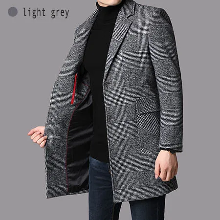 light grey Мужские Клетчатые Шерстяные Пальто с пуговицами, Длинные Стильные пальто для мужчин, блейзер с воротником, темно-светло-серая одежда для мужчин, B044 - Цвет: light grey