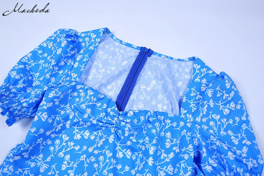 Macheda Новое женское летнее повседневное длинное платье сарафан с коротким рукавом фонариком с цветочным принтом с квадратным вырезом