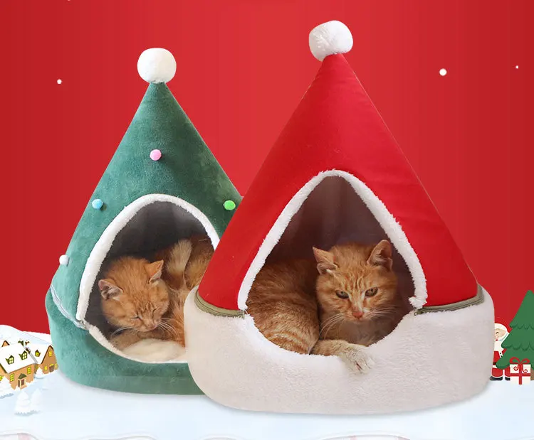 Рождественская мягкая теплая кровать для кошки, собаки, домик для питомца в форме елки, домашний домик для собаки, кошки, гнездо для кровати, теплая кровать для сна, новогодний декор