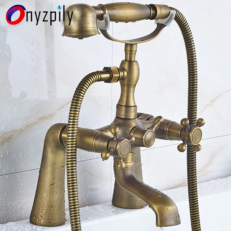 Bathroom-Tub-FaucetAntique-Brass-Brass-Hand-Shower-Spray-Hot-Cold-Mixer-Tap-Set-Tap