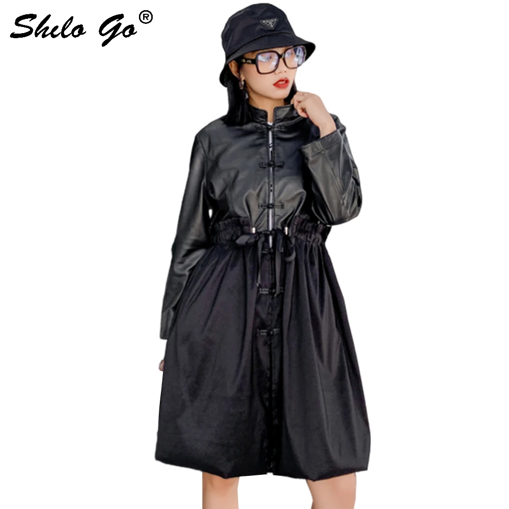 

Genuine Leather Dress Vintage Button Front Drawstring Waist Sheepskin A Line Dress Women Autumn Winter Casual Plus Dresses Black