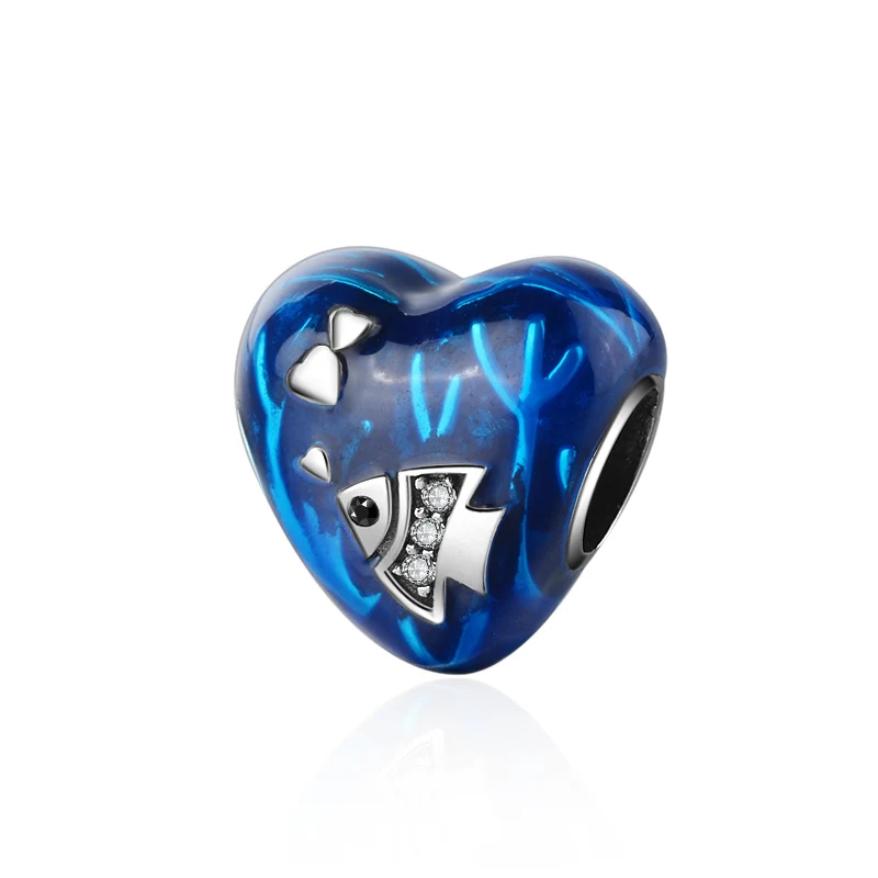 925 Sterling Silver Heart Shape Charms Beads with Blue Enamel Fit European Charm Bracelet Fashion Jewelry Making for Women Gift | Украшения