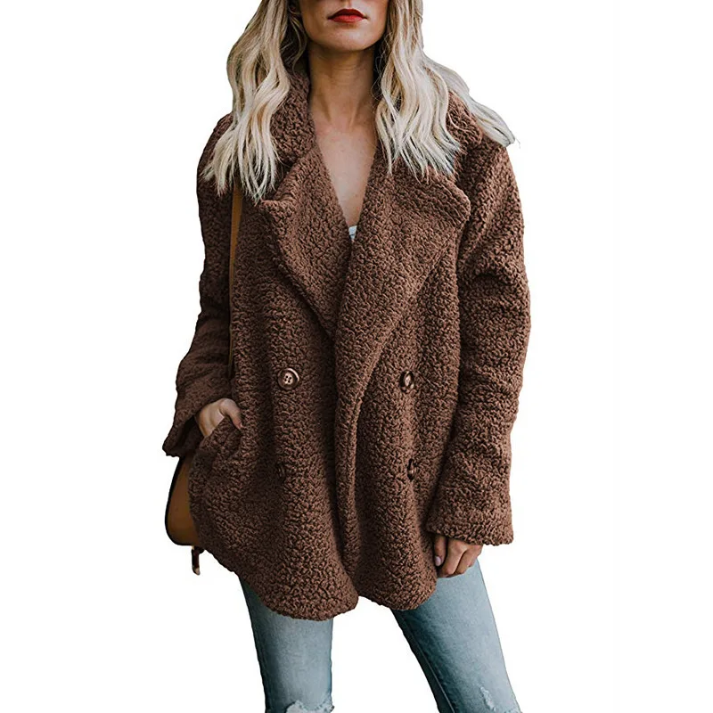 Высококачественное плюшевое пальто для женщин, элегантное Толстое Зимнее плюшевое пальто, искусственный пушистый флис, двойной карман, искусственный мех, плюшевая куртка для женщин - Цвет: brown