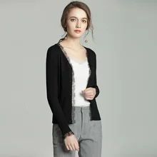 Autumn Women Slim V-neck Single-breasted Knitted Cardigan Ladies Elegant Lace Full Sleeve Sweater Coat Plain Color Moda Feminina