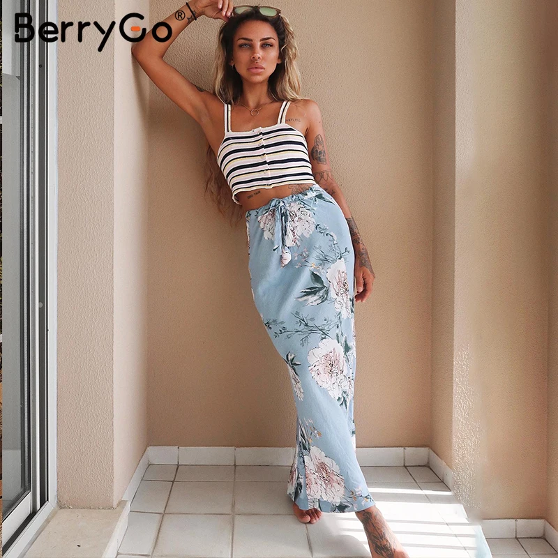BerryGo Bohemian flower print long skirt women Casual streetwear soft ladies summer skirts Elegant cotton bow tie female skirt